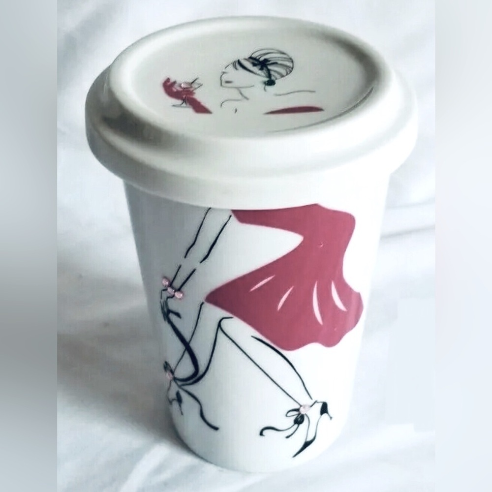 Verdici Designs Coffee Cup With Lid And Saucer Ceramic Woman Pink Dress